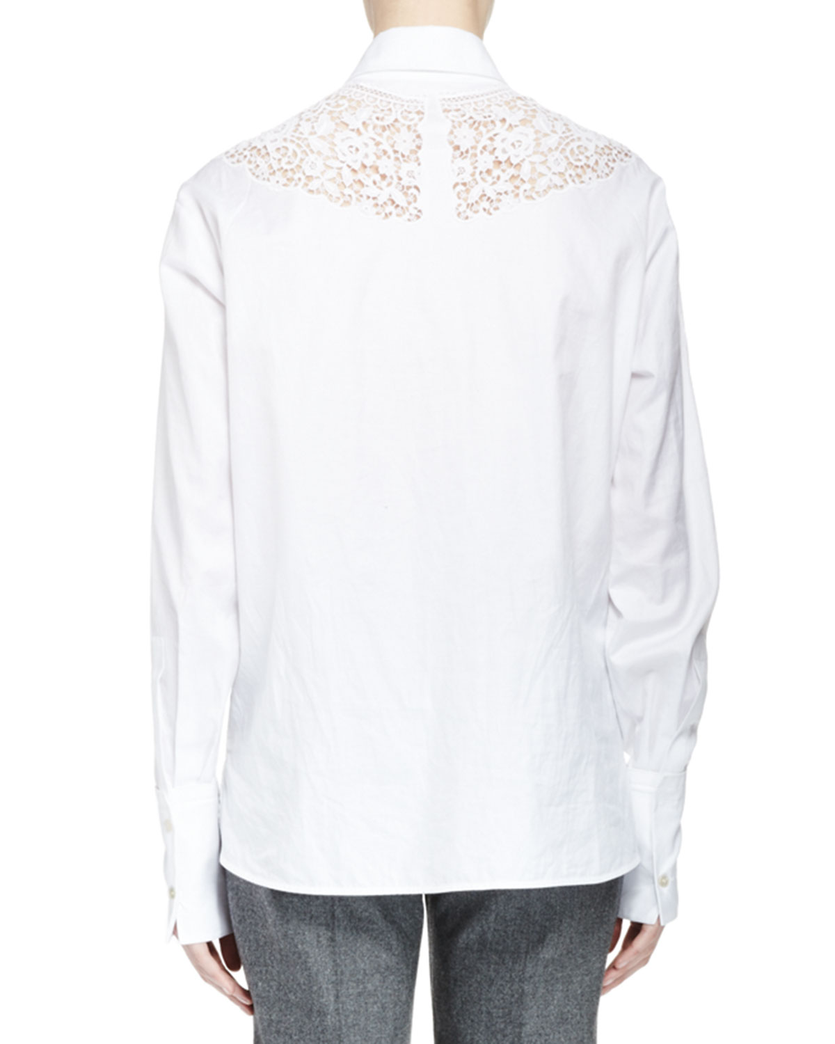 Poplin Lace-Yoke Button-Down Top, White