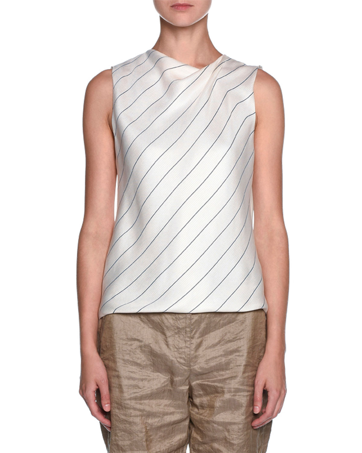 Sleeveless Pinstripe Trompe l'Oeil Scarf Blouse, White/Black