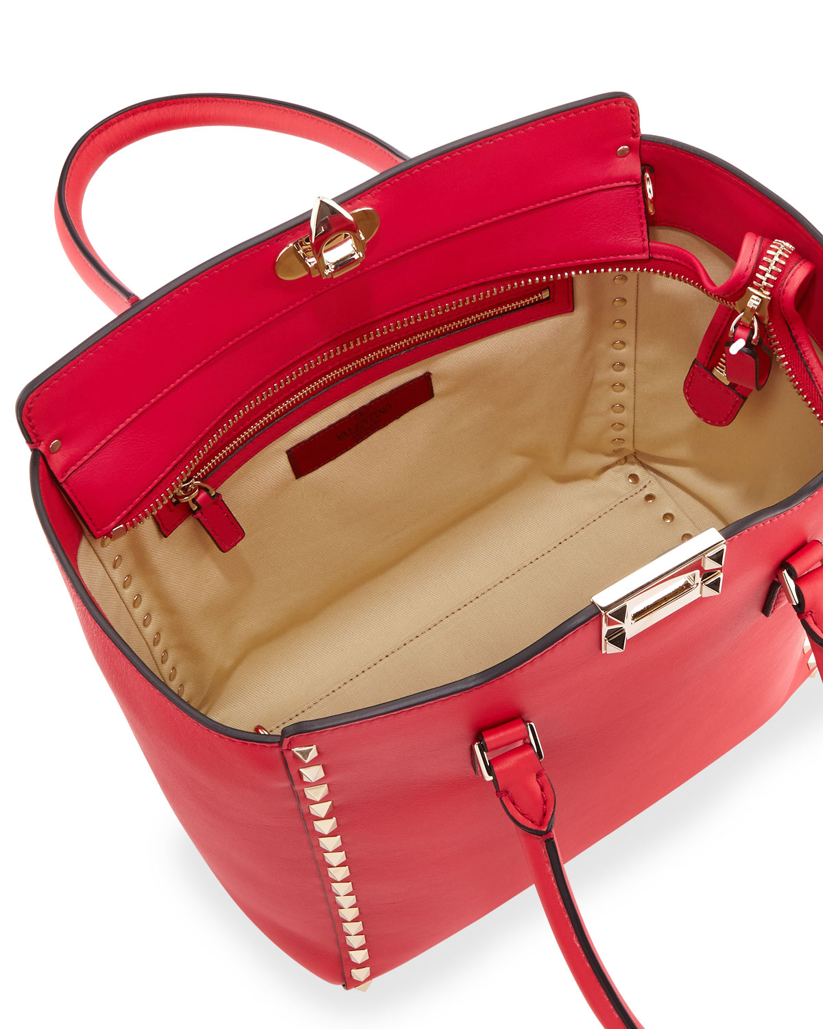 Rockstud Leather Shopper Tote Bag, Bright Red