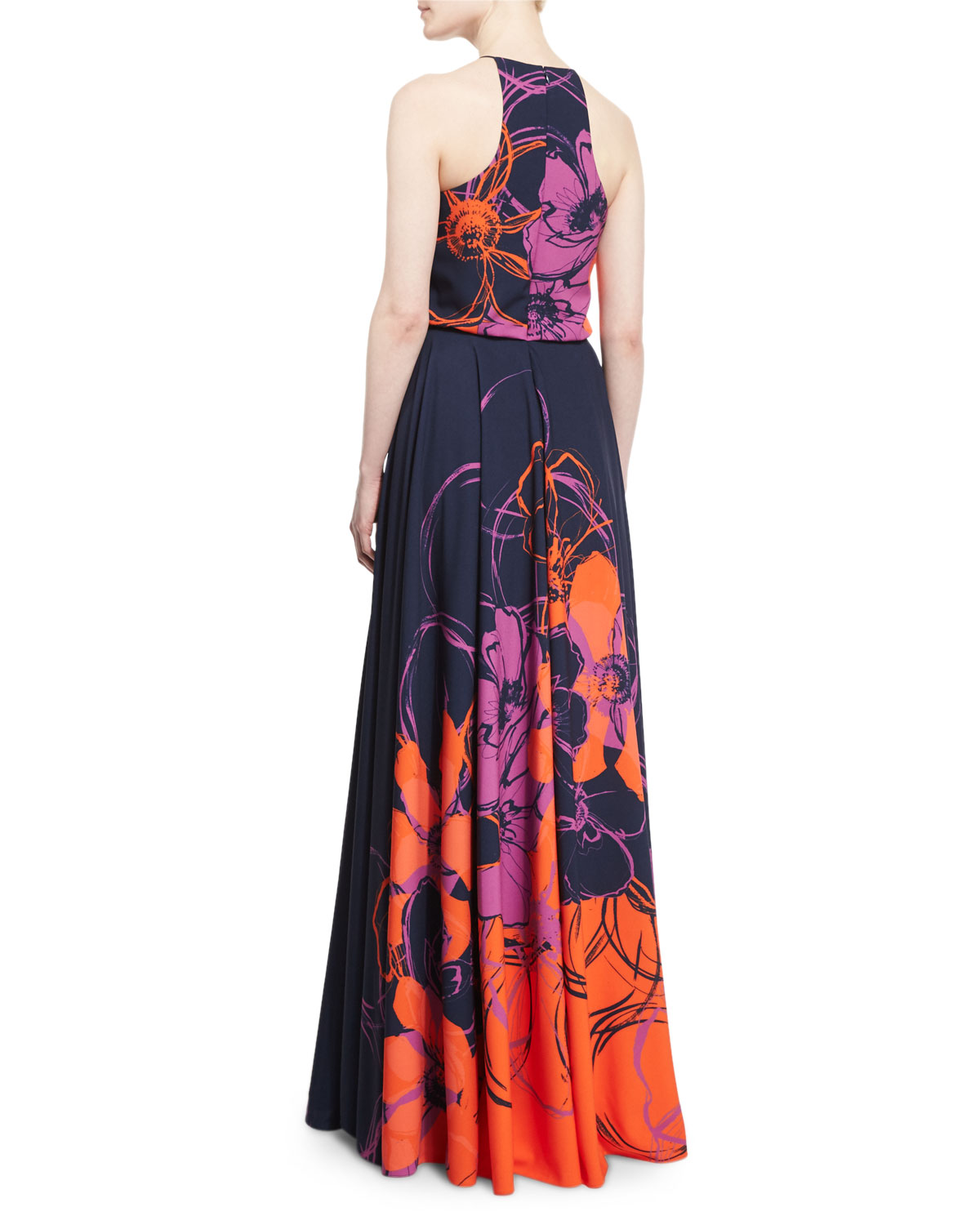 Floral-Print Halter Gown w/Beaded Applique