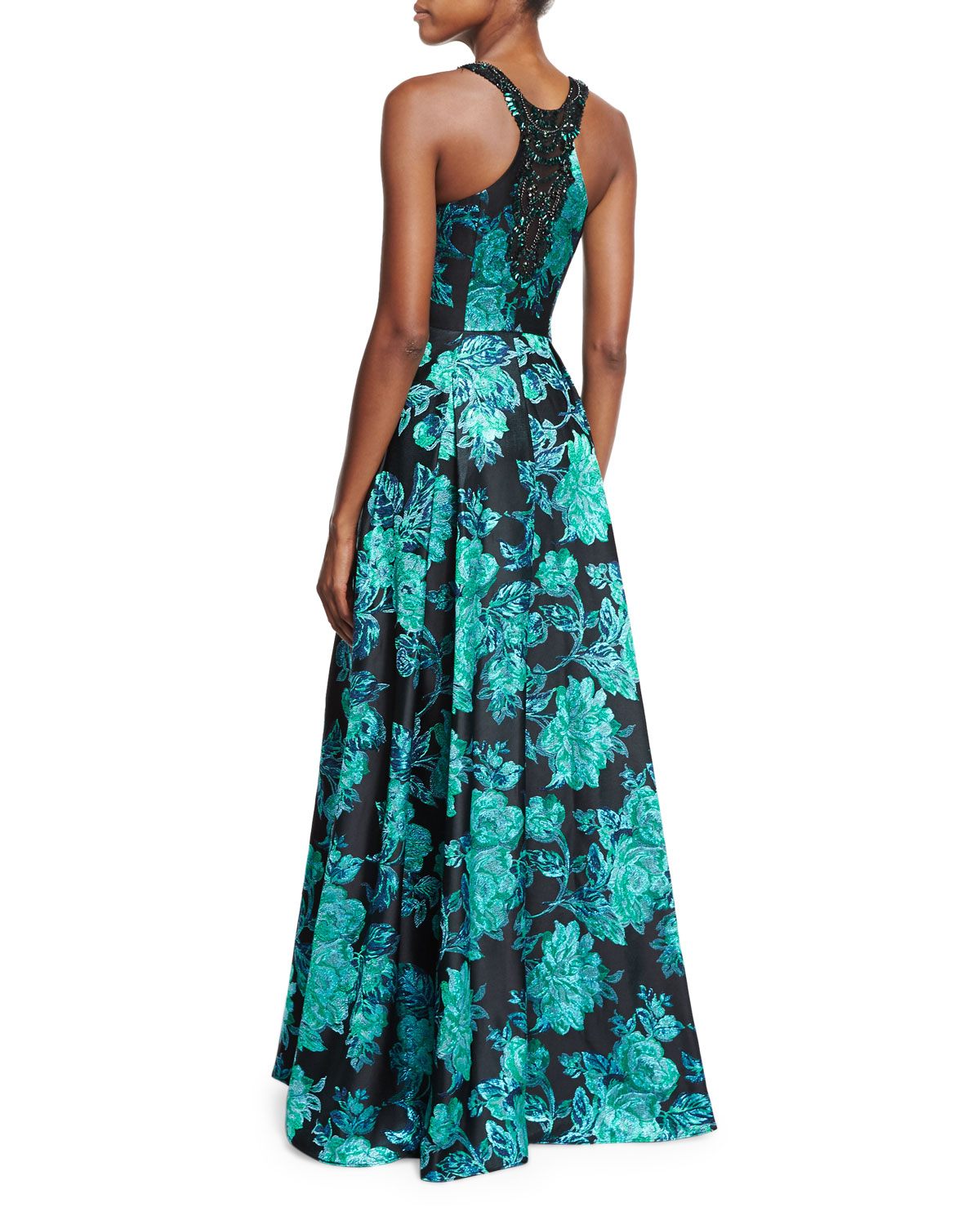 Sleeveless V-Neck Beaded Floral Gown, Black/Green