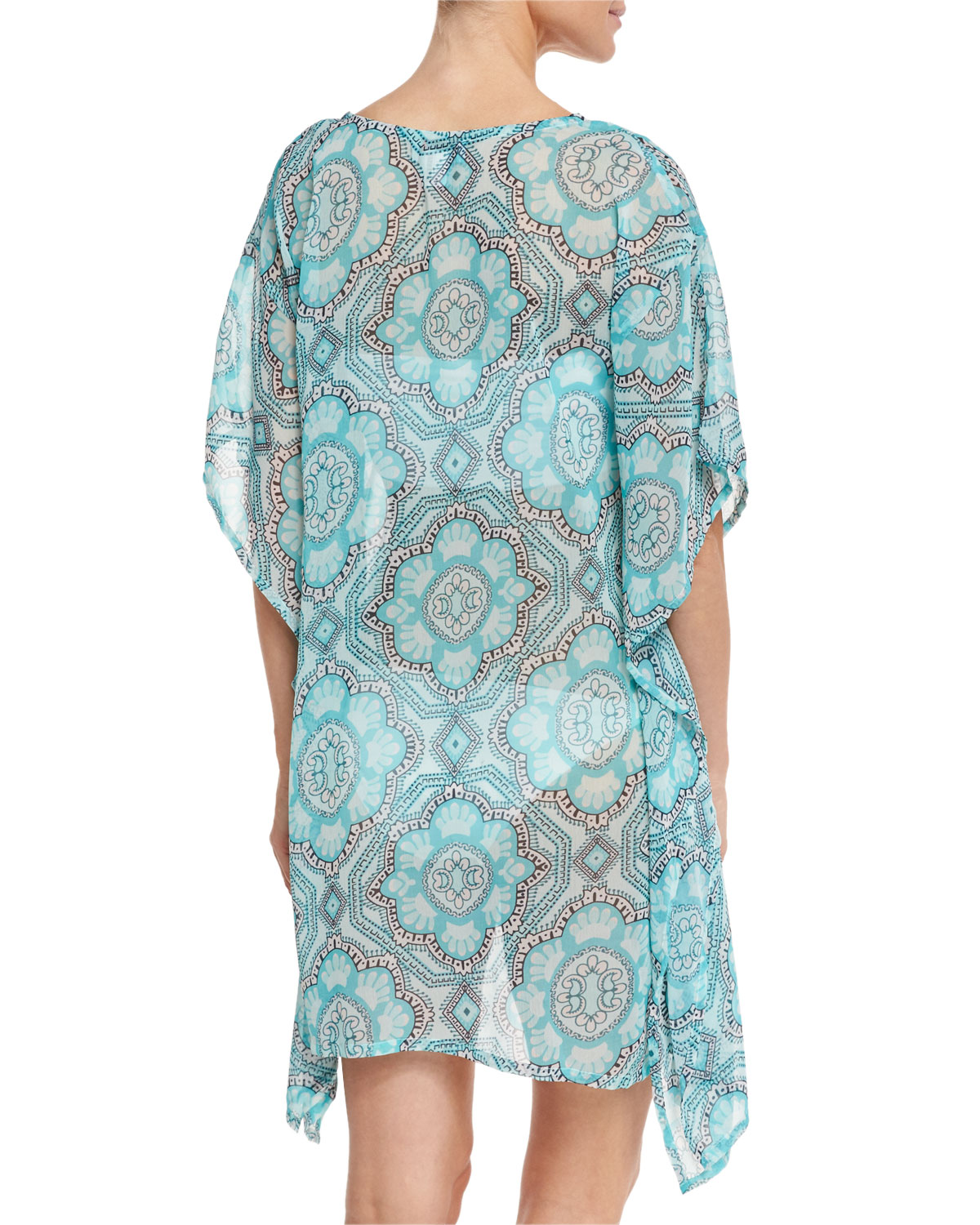 Lace-Up Sheer Printed Coverup Tunic