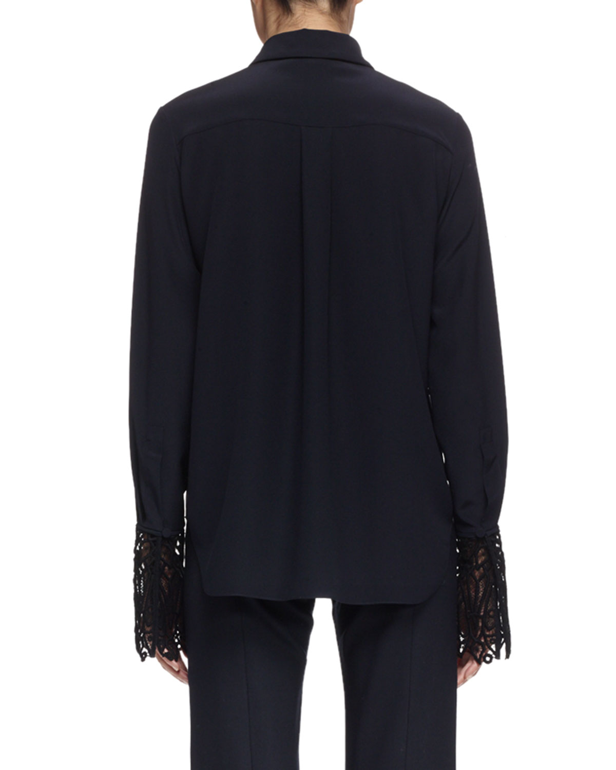 Long-Sleeve Lace-Cuff Blouse, Navy