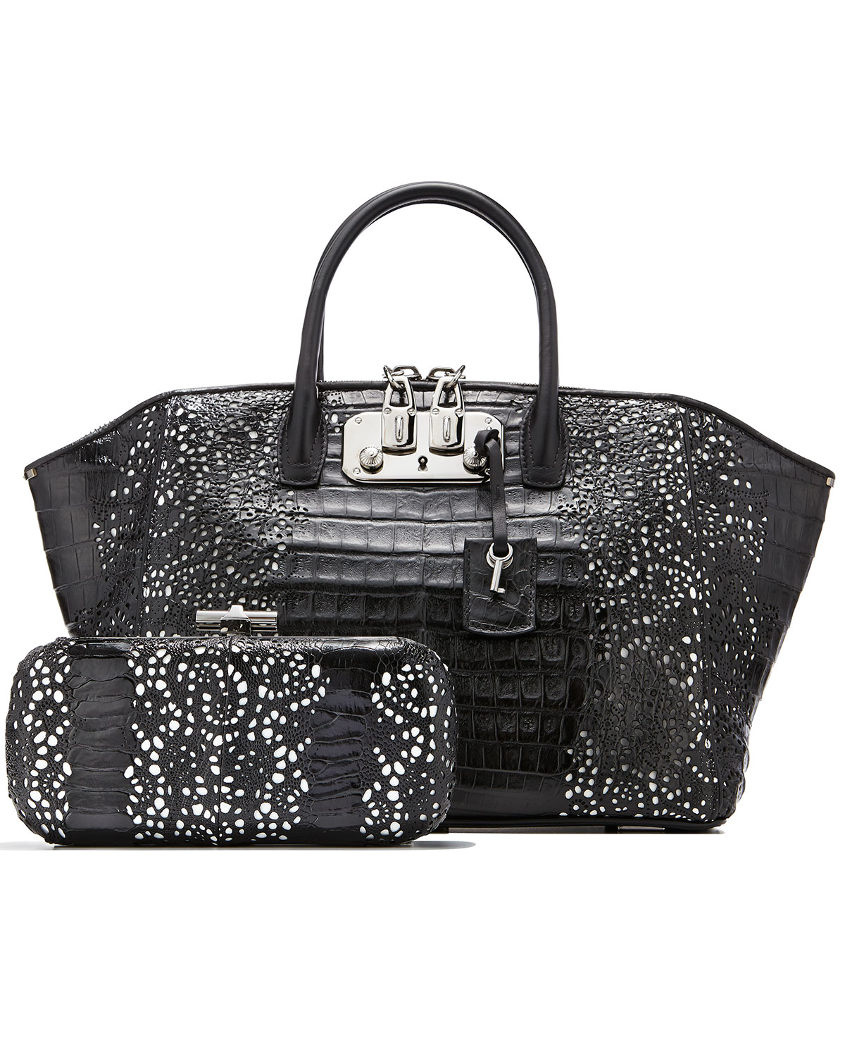 Oval Ostrich Lace Minaudiere, Black/White