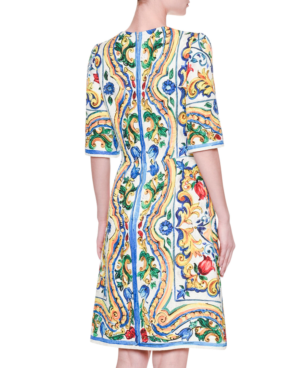 Half-Sleeve Maiolica Tile-Print Dress, White/Blue/Yellow