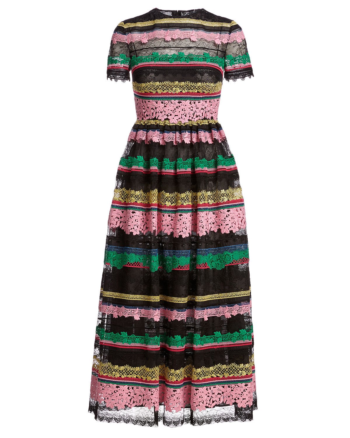 Striped-Lace Short-Sleeve Cocktail Dress, Multi/Black
