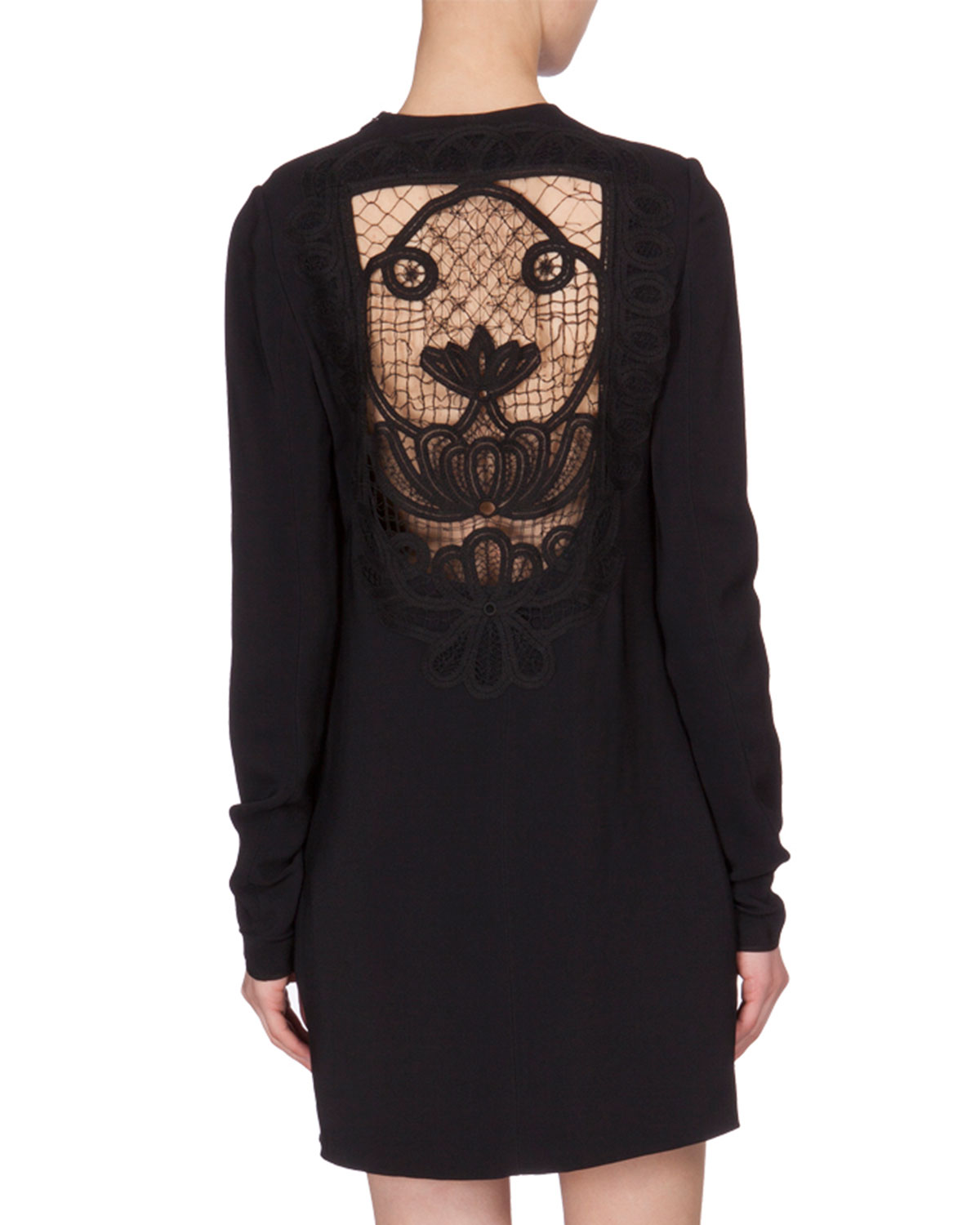 Long-Sleeve Lace-Back Shift Dress, Black