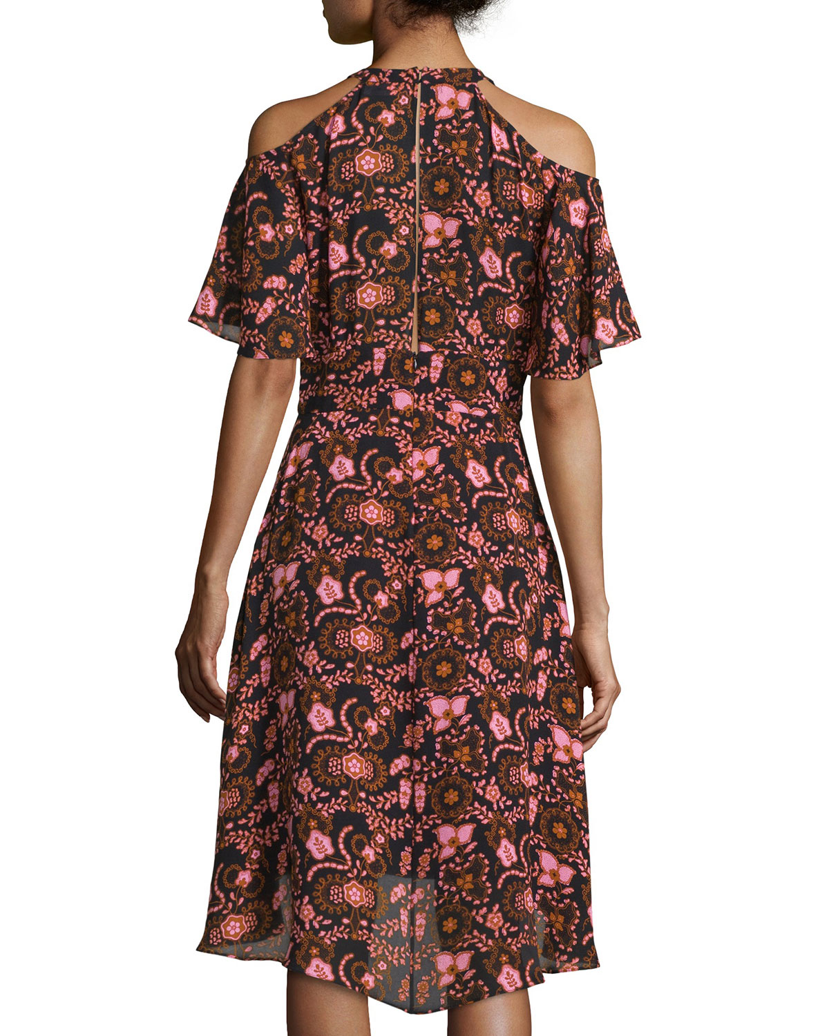 Emile Floral Silk Cold-Shoulder Dress, Black/Henna/Pink