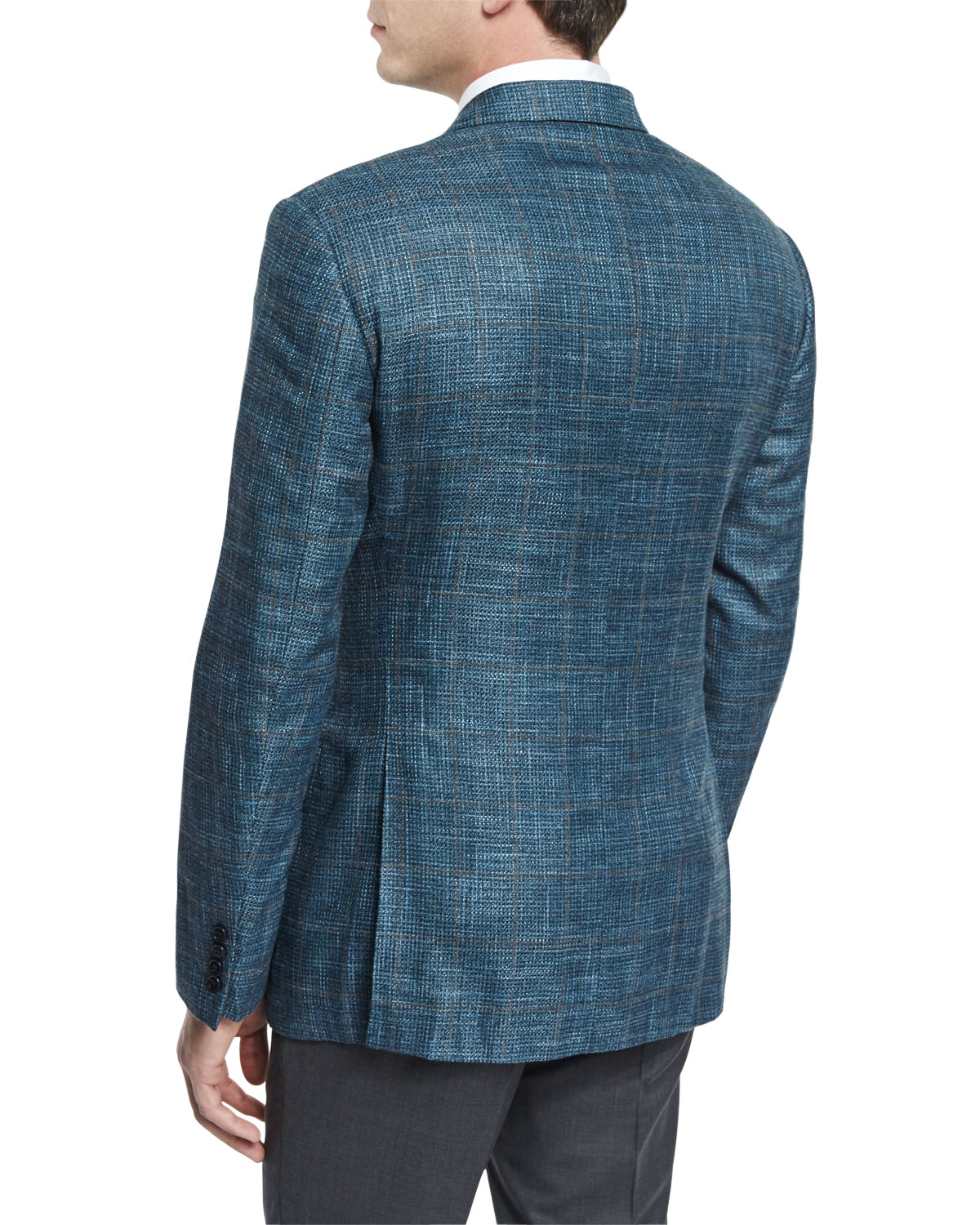 G-Line Melange-Windowpane Two-Button Jacket, Teal