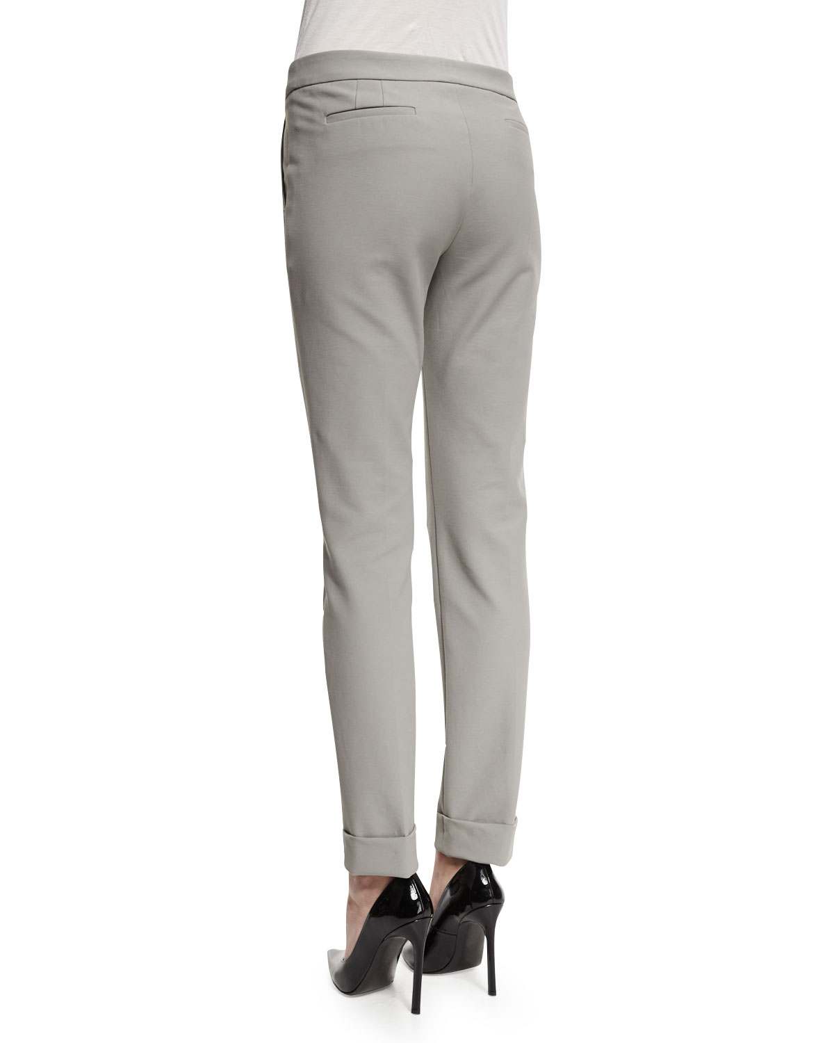 Stretch-Cuff Slim-Leg Ankle Pants, Light Gray