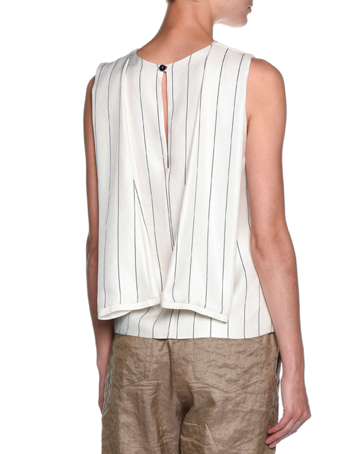 Sleeveless Pinstripe Trompe l'Oeil Scarf Blouse, White/Black