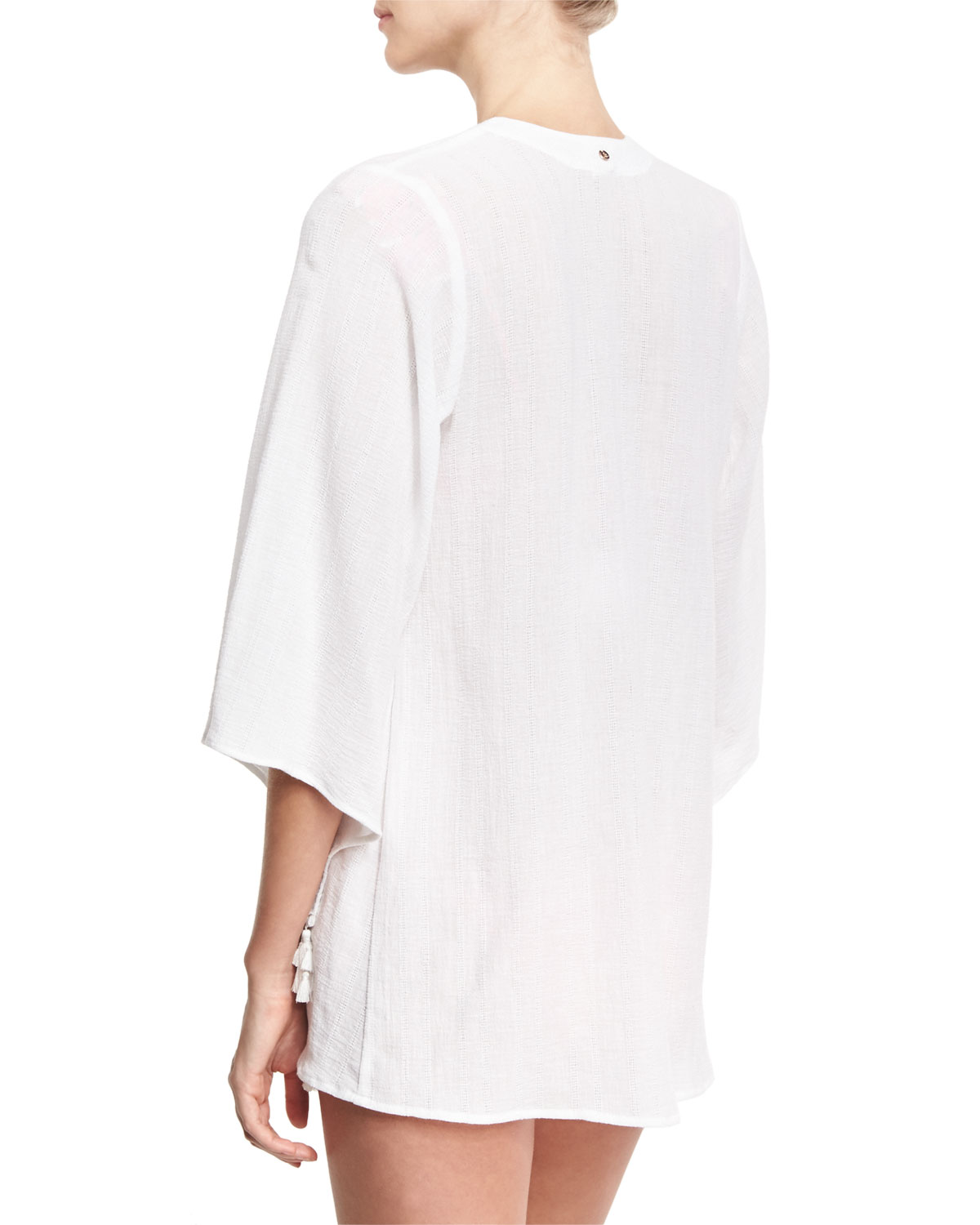 Tassel-Trim Open Gauze Jacket, White