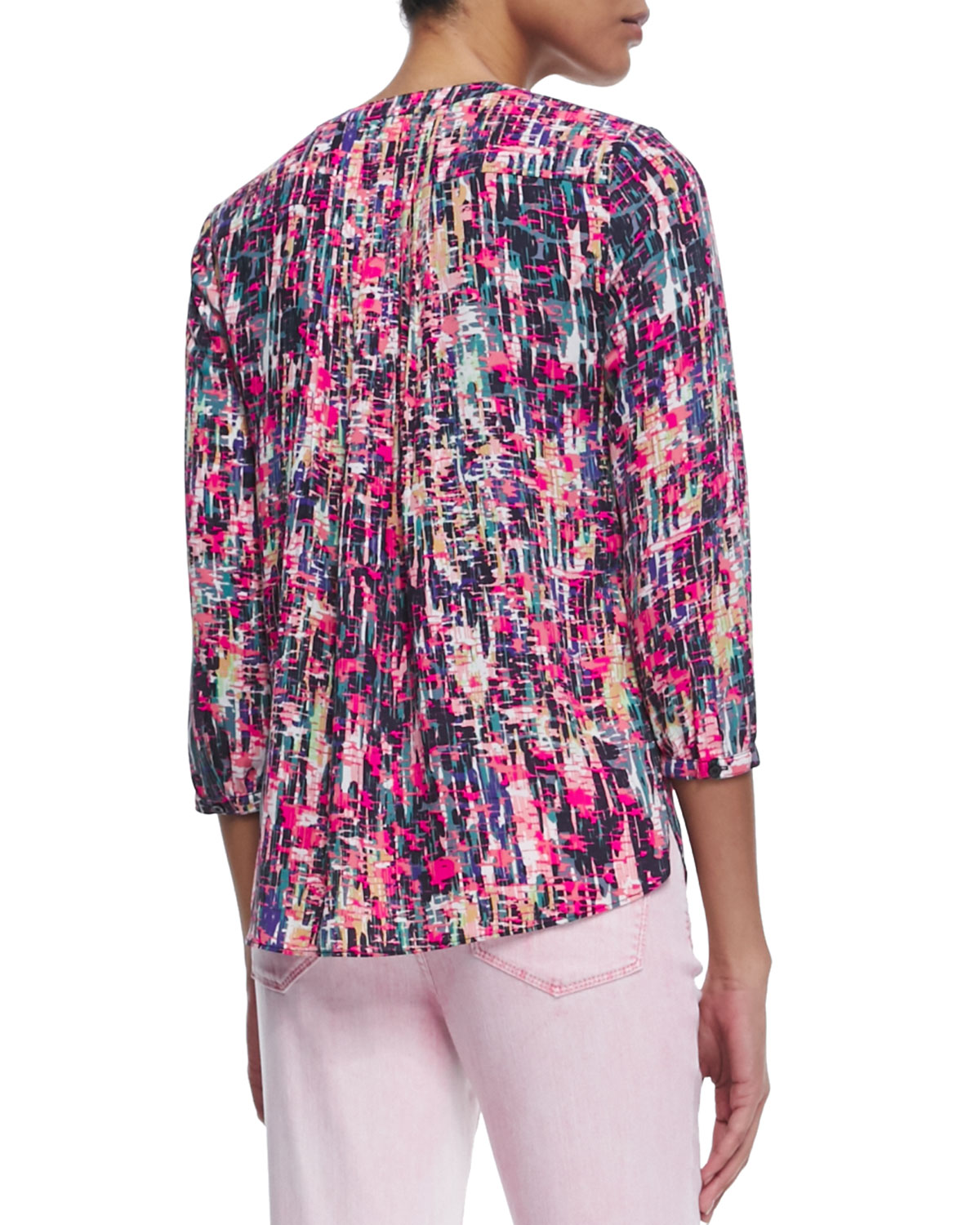 3/4-Sleeve Printed Pleated-Back Blouse, Spring Confetti