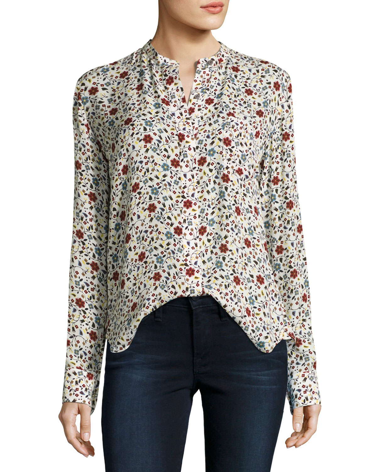 Rey Long-Sleeve Floral Silk Top, White/Multicolor