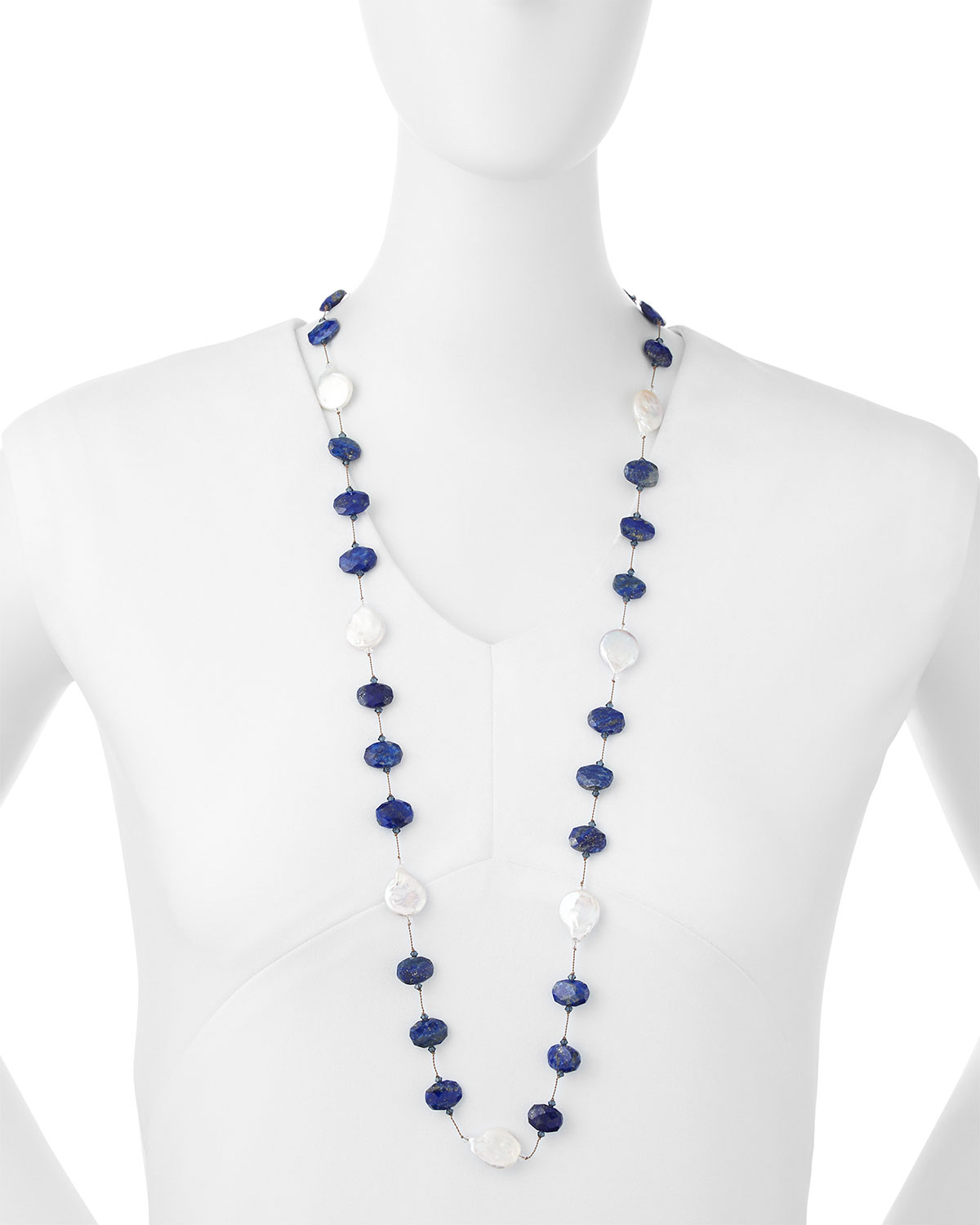 Lapis & Coin Pearl Long Necklace, 35"L