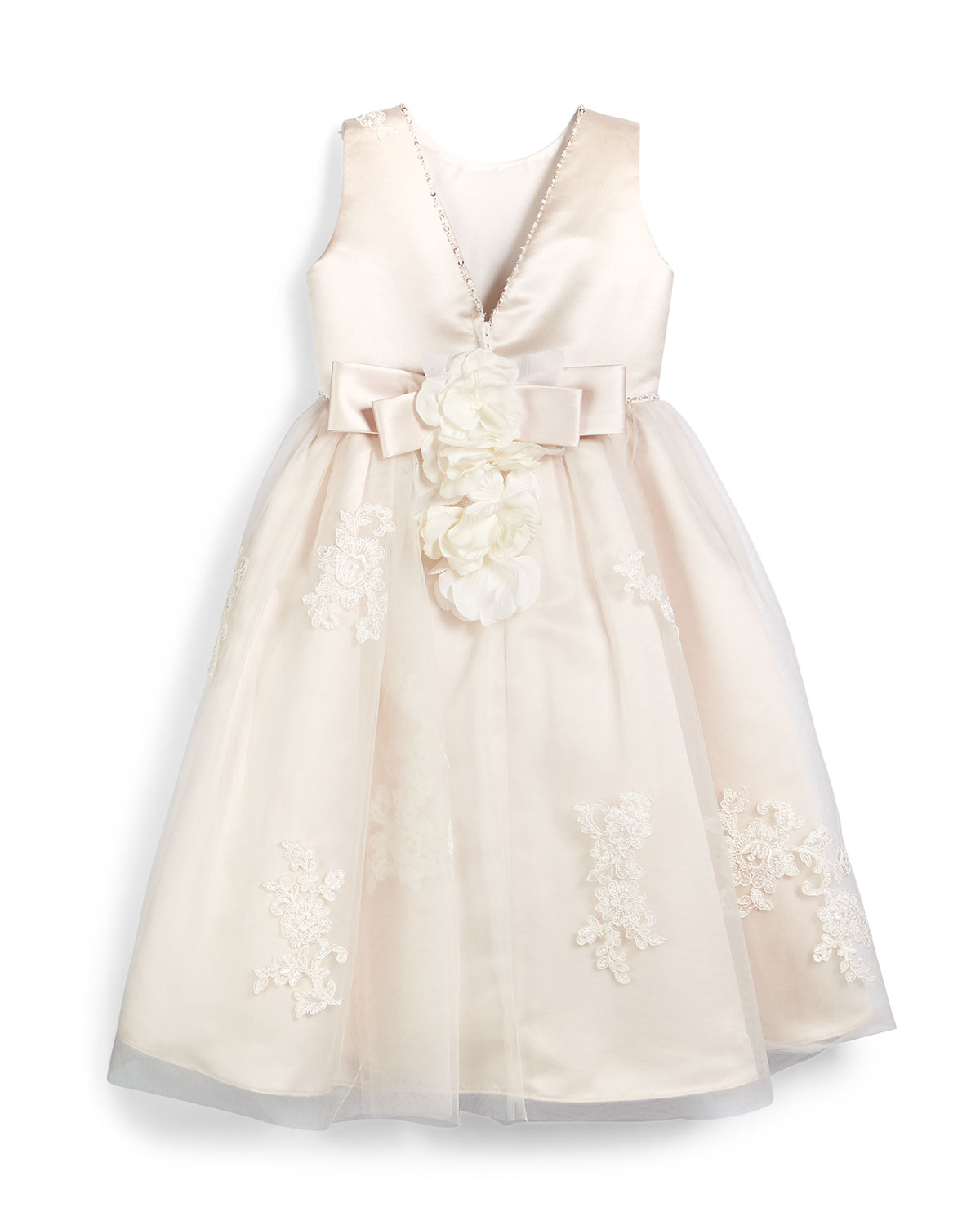 sleeveless lace-trim satin & tulle dress, petal/ivory, size 4-8