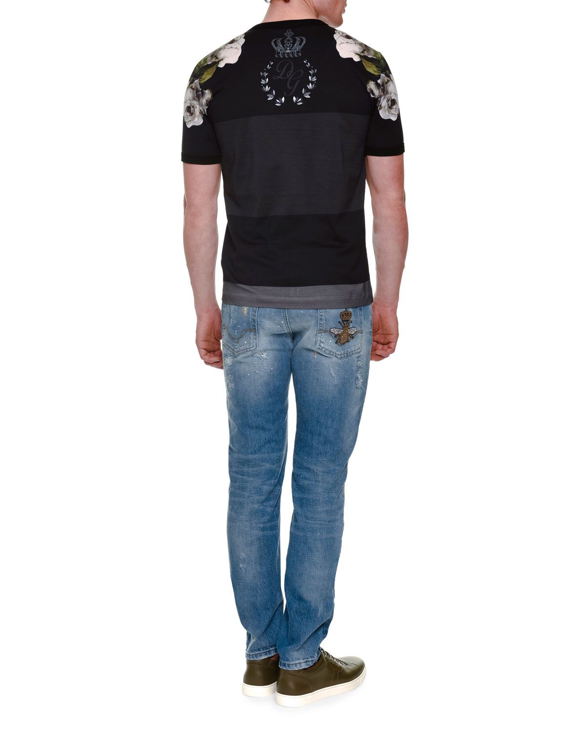 Thick-Stripe Floral-Print Short-Sleeve T-Shirt, Black