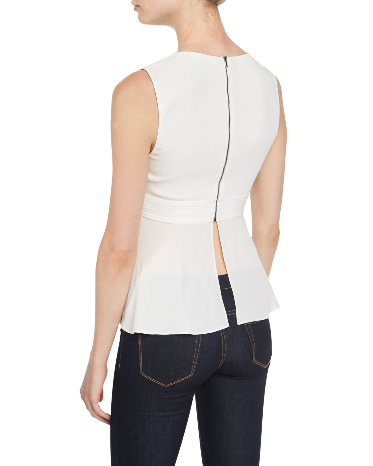 Leigh Sleeveless Pintucked Peplum Top, White