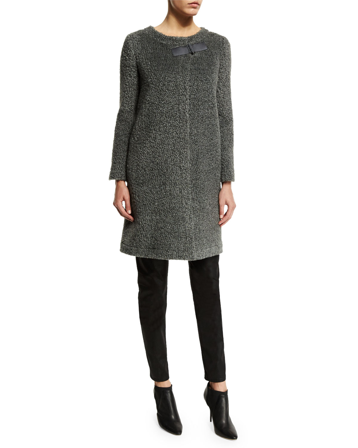 Long-Sleeve Boucle Trapeze Coat, Gray