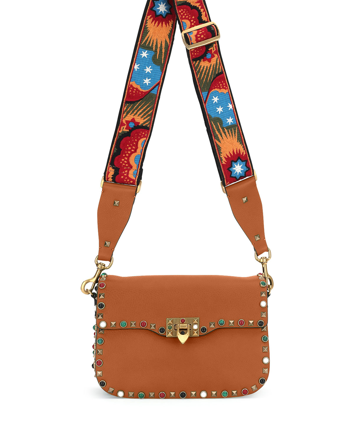 Rockstud Rolling Medium Enchanted Guitar-Strap Shoulder Bag, Tan