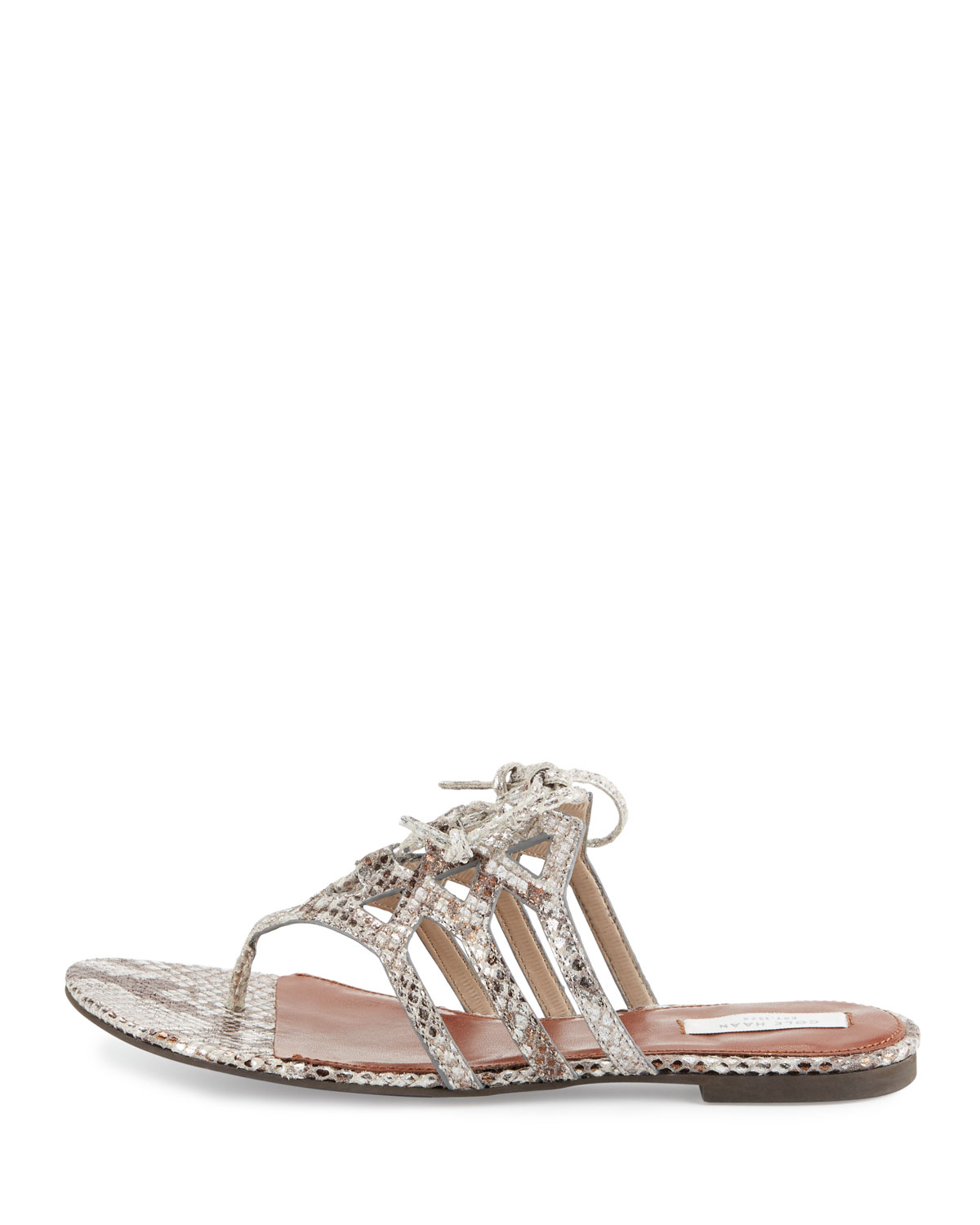 Claudia Snake-Embossed Lace-Up Thong Sandal, Python