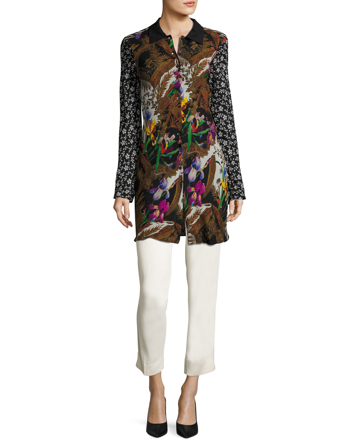 Floral Silk Shirt Coat, Black/Multi