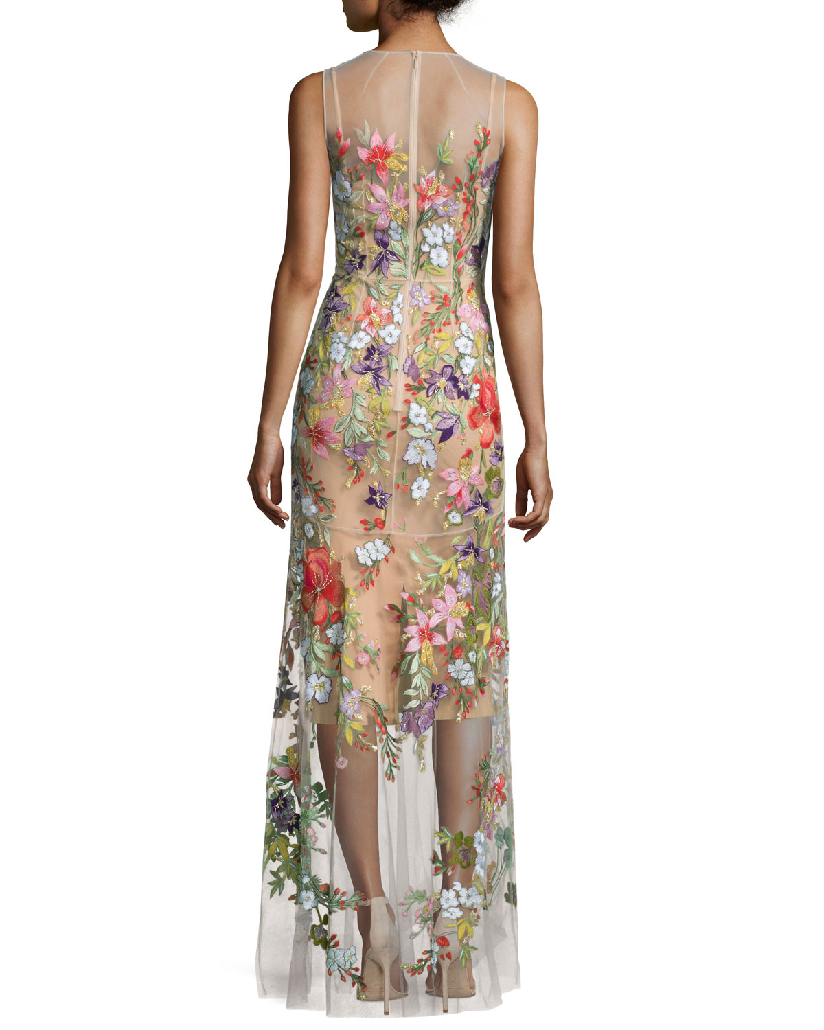 Sleeveless Floral-Applique Gown, Illusion