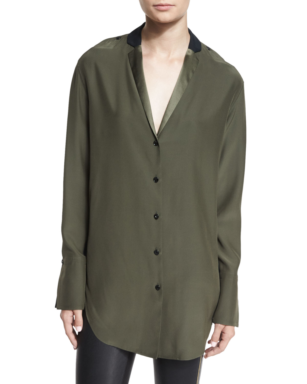 Leighton Two-Tone Silk Satin Tunic, Army Green