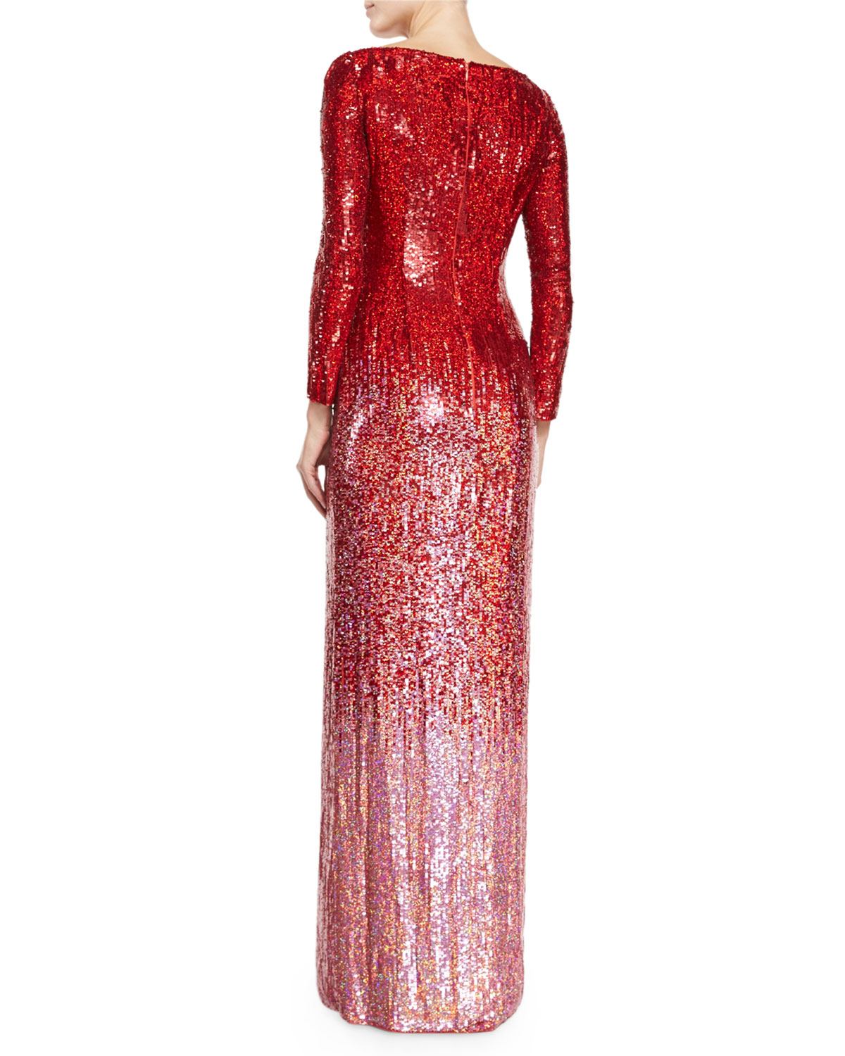 Long-Sleeve Boat-Neck Ombre Sequined Gown, Tomette