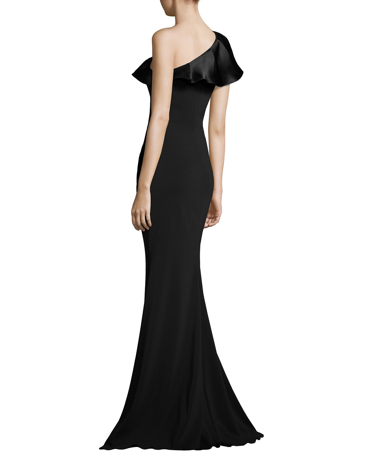 One-Shoulder Ruffle Mermaid Gown, Black