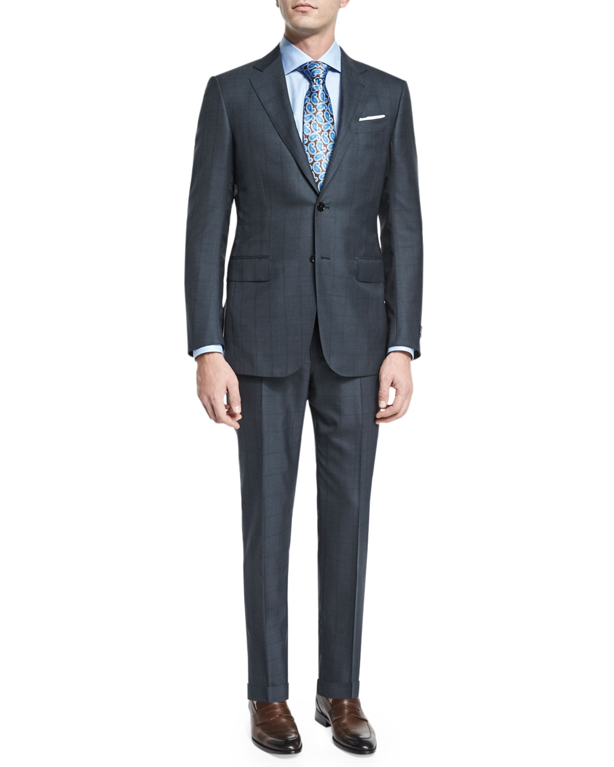 Windowpane Silk-Blend Two-Piece Suit, Charcoal