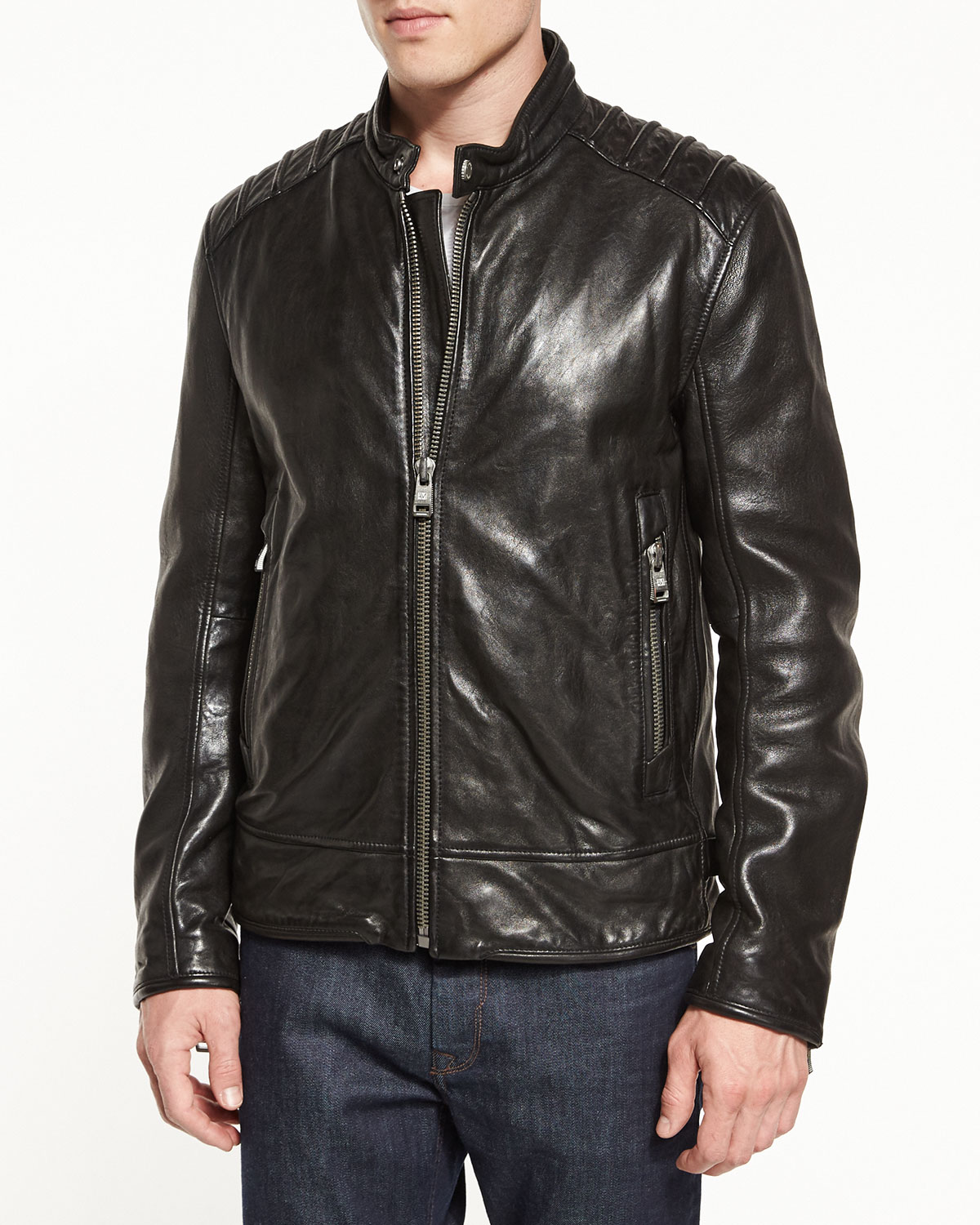 Boarder Leather Moto Jacket, Jet Black