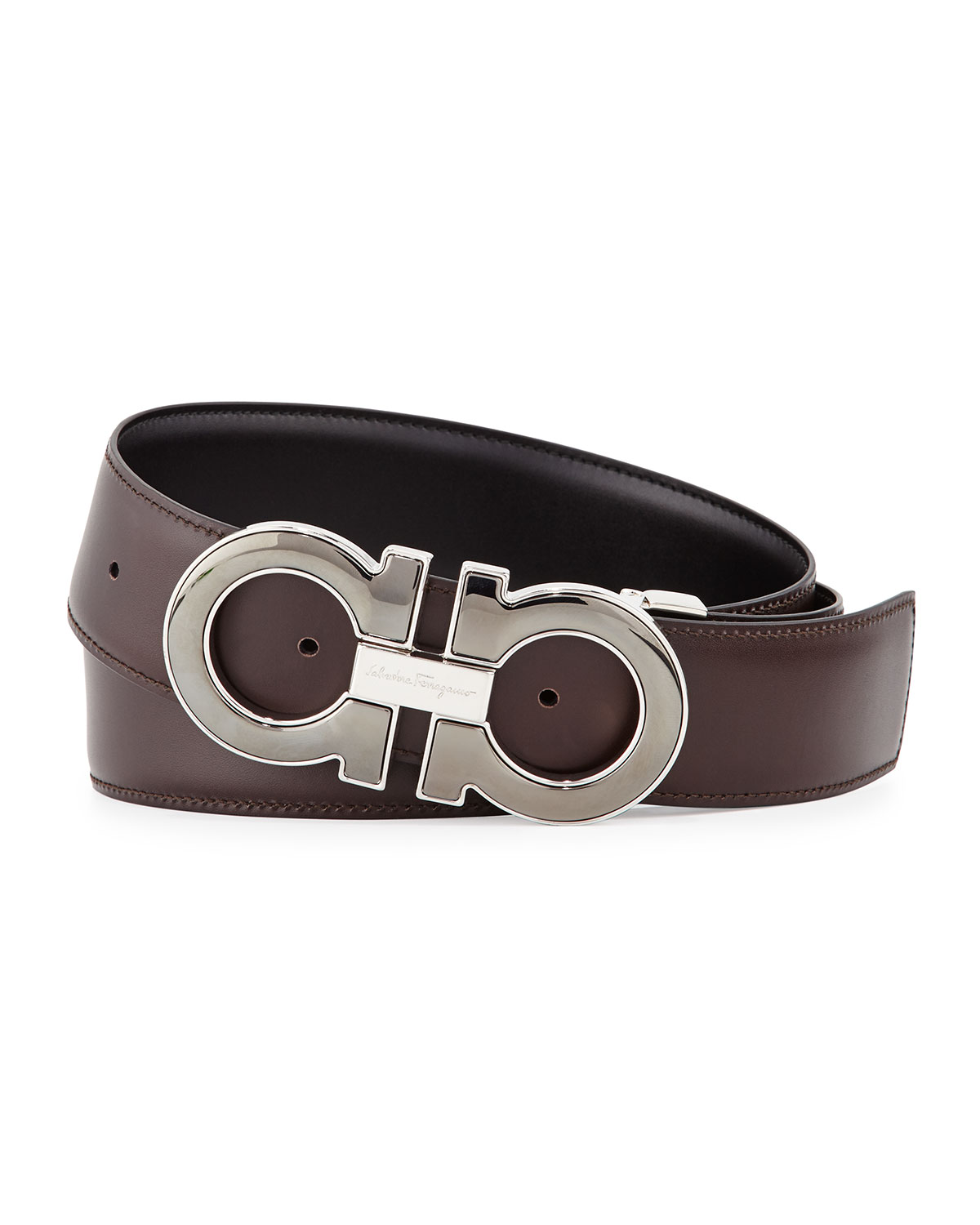 Reversible Leather Gancini-Buckle Belt, Black/Brown