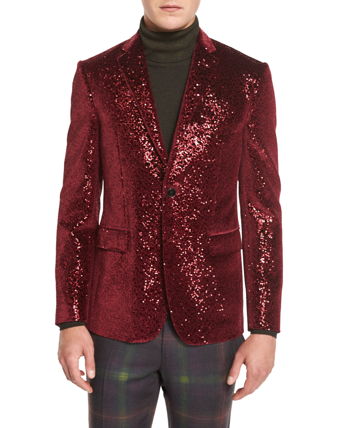 Sequined Two-Button Sport Coat, Burgundy