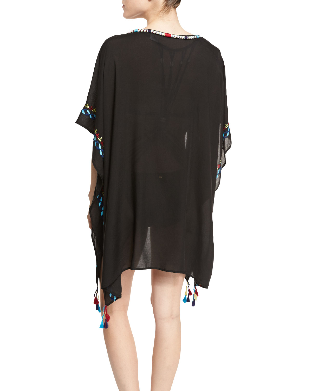 Beach Blanket Embroidered-Trim Poncho Coverup, Black
