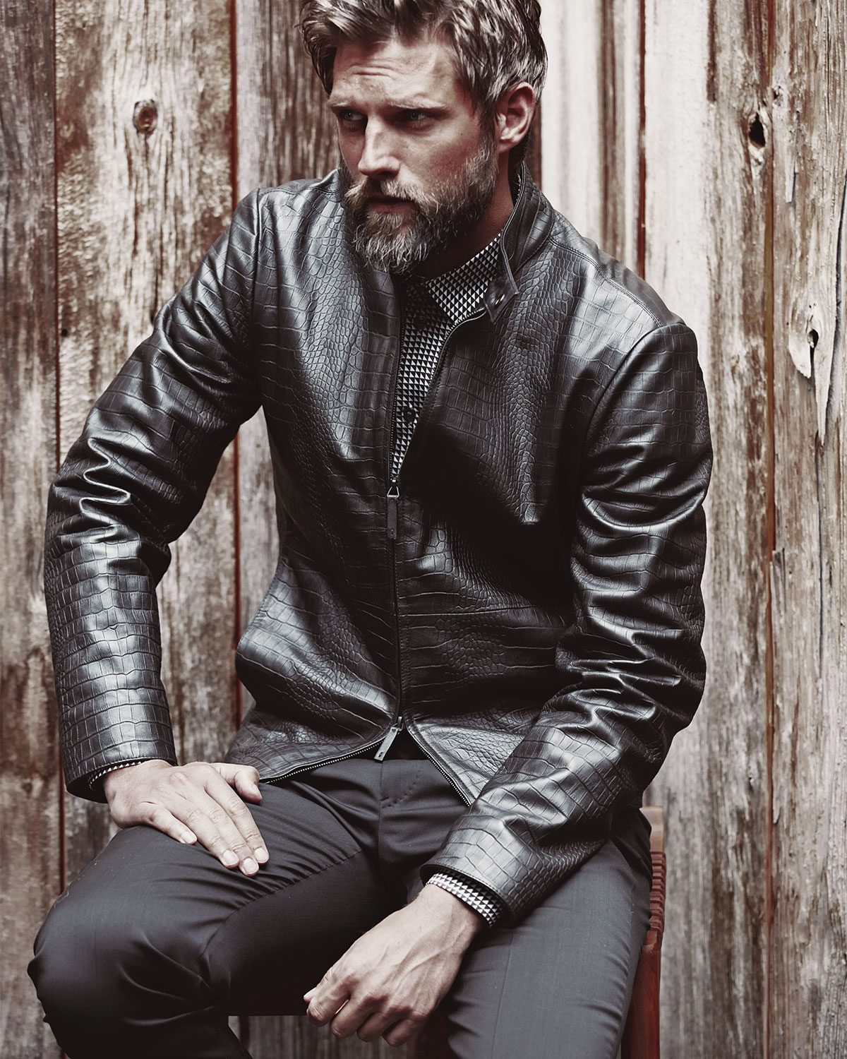 Crocodile-Embossed Leather Bomber Jacket, Black