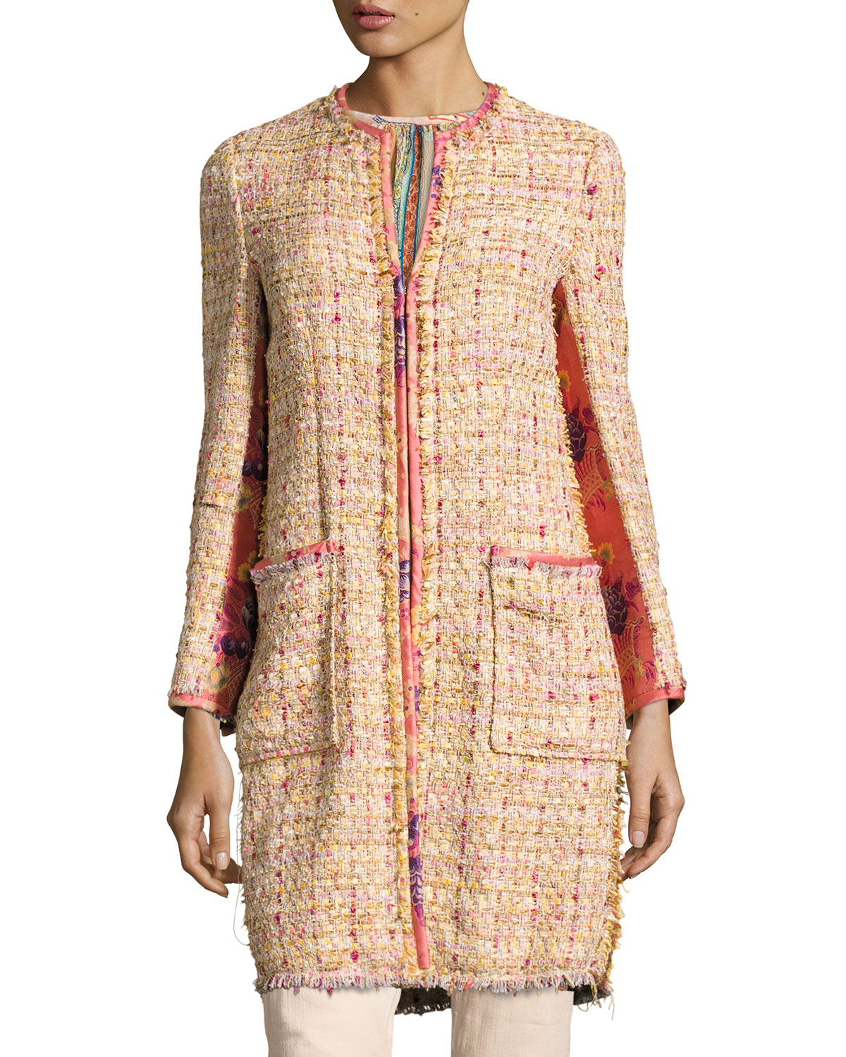 Brocade-Panel Tweed Coat, Peach