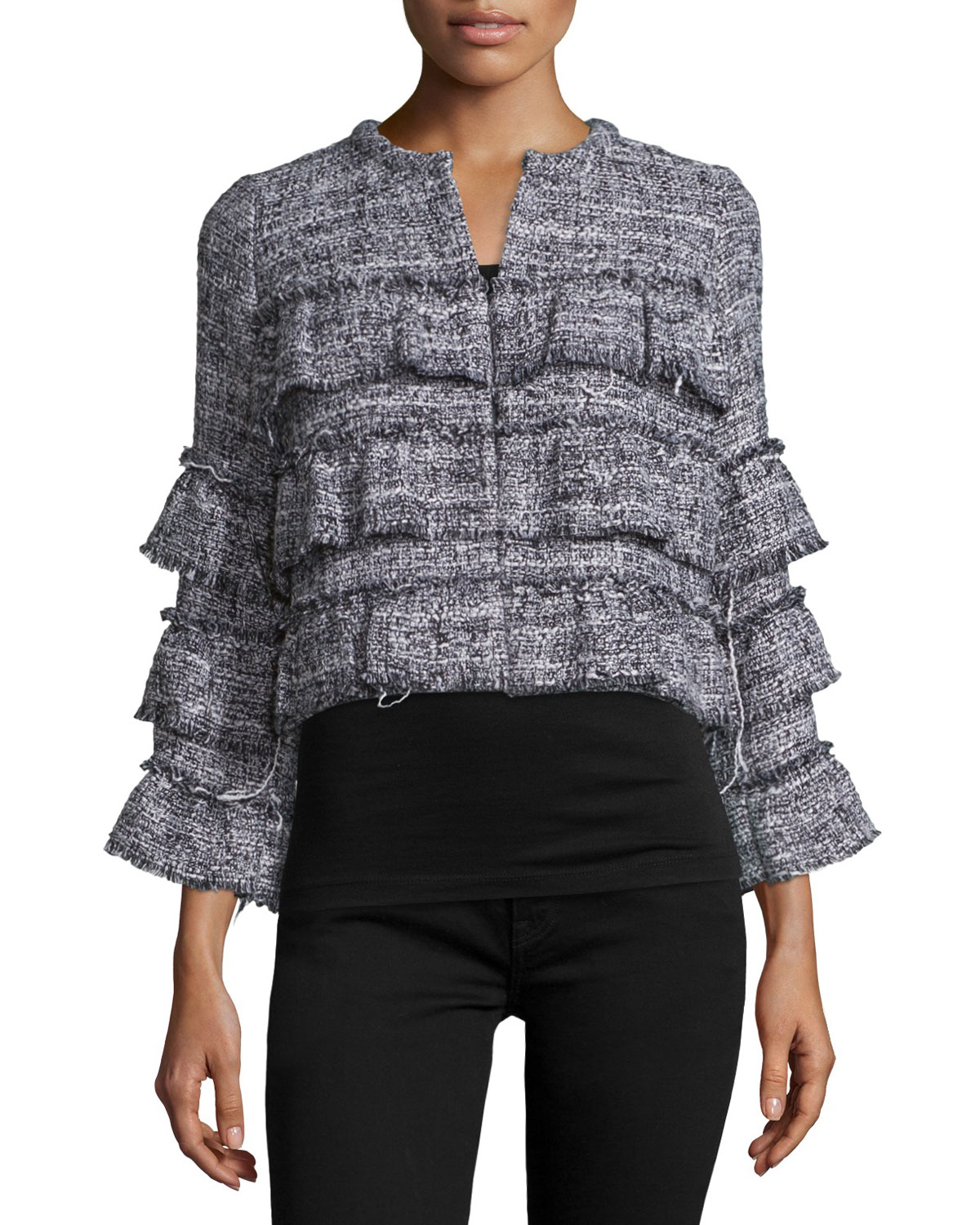 Tweed Tiered Ruffle Jacket w/Fringe