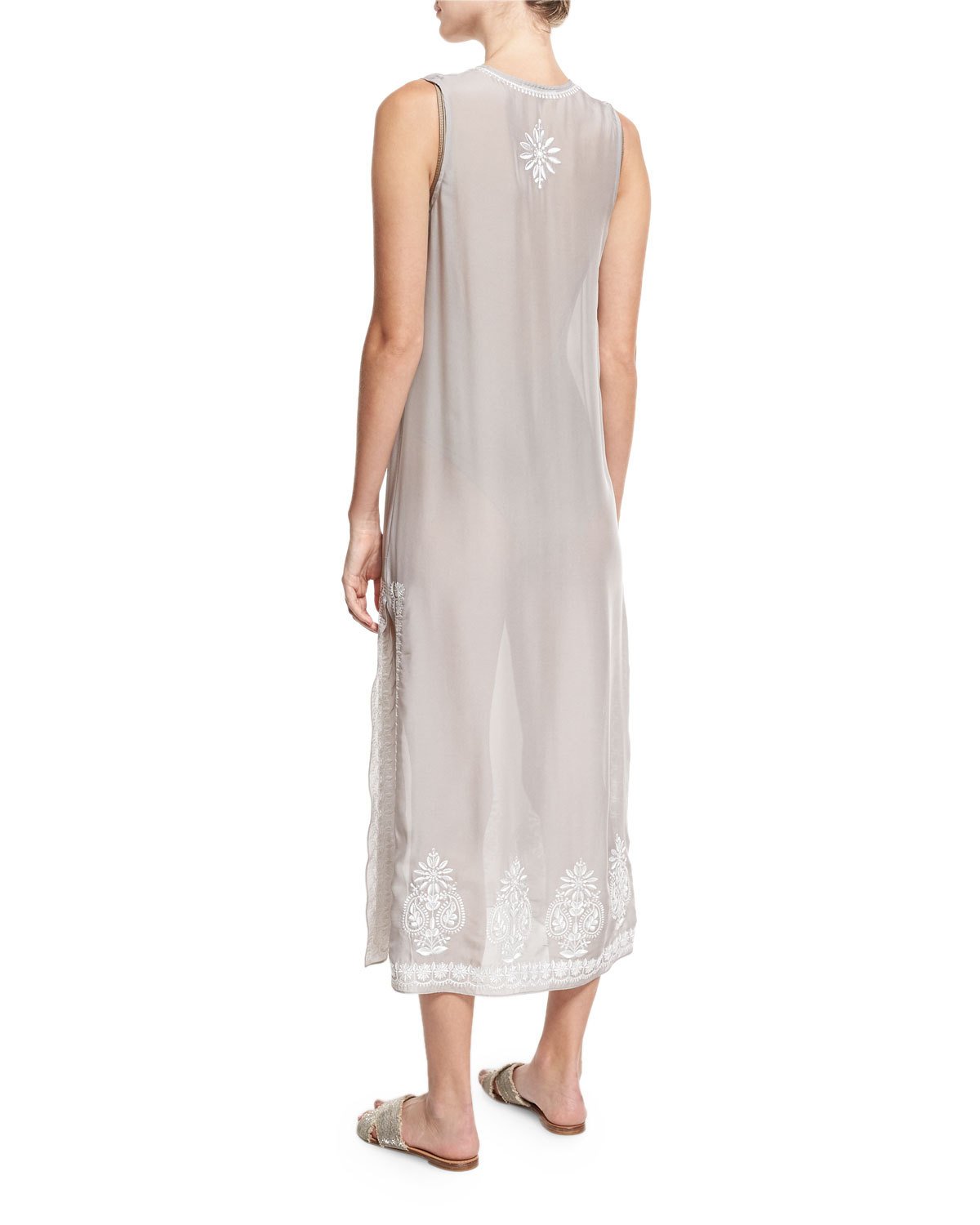 Floral Sleeveless Embroidered Silk Chiffon Long Caftan Coverup, Silver