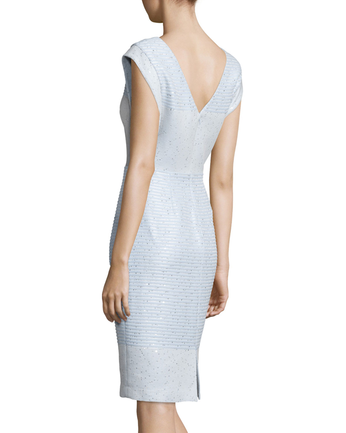 Cap-Sleeve Striped Tweed Sheath Dress, Sky Blue