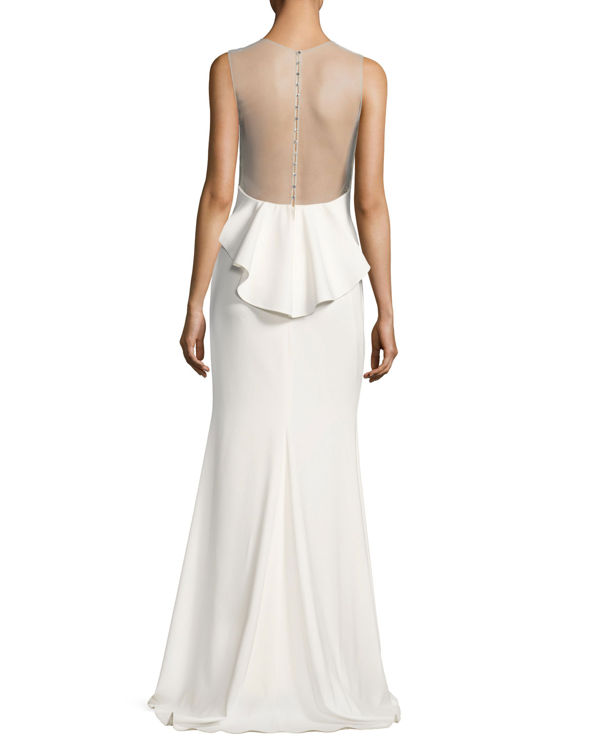 Sleeveless Stretch Crepe Rouleau-Button Gown, Ivory