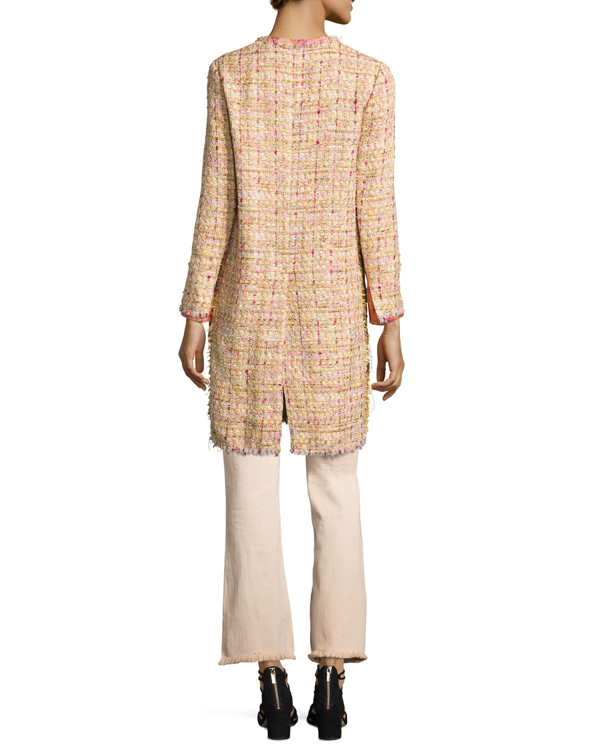 Brocade-Panel Tweed Coat, Peach