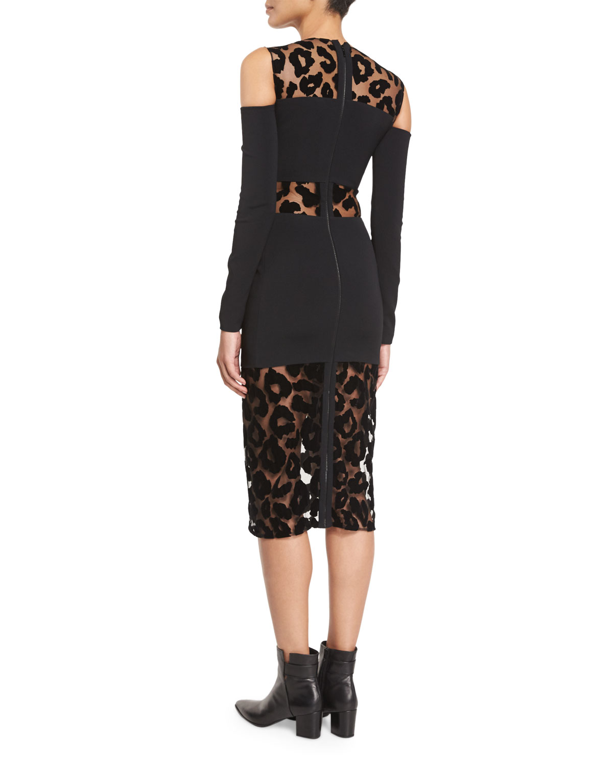 Leopard-Burnout Cold-Shoulder Dress, Black