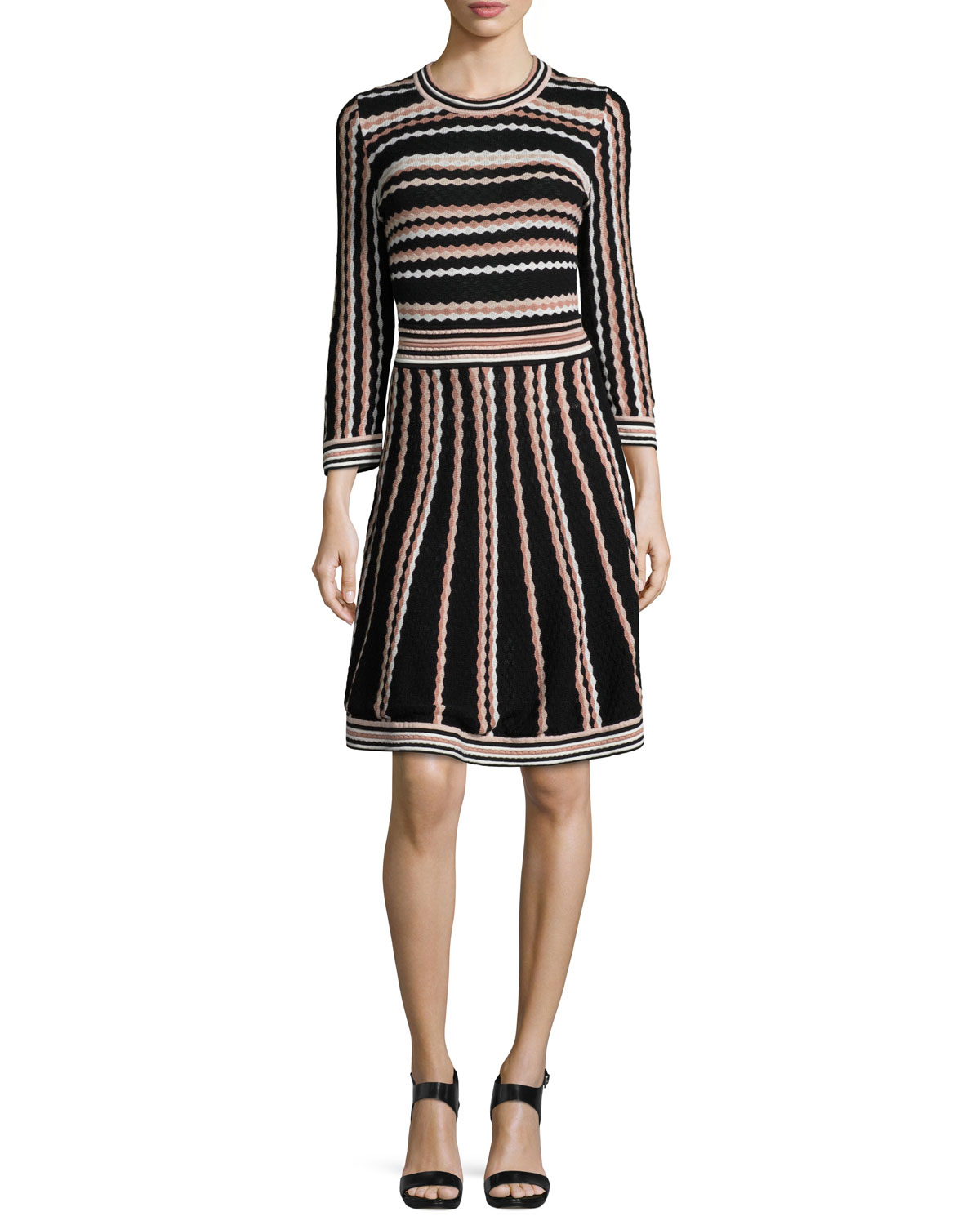 long-sleeve striped fit-and-flare dress