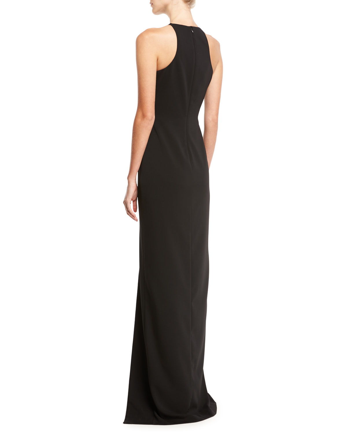 Sleeveless Laced Stretch Crepe Column Gown, Black