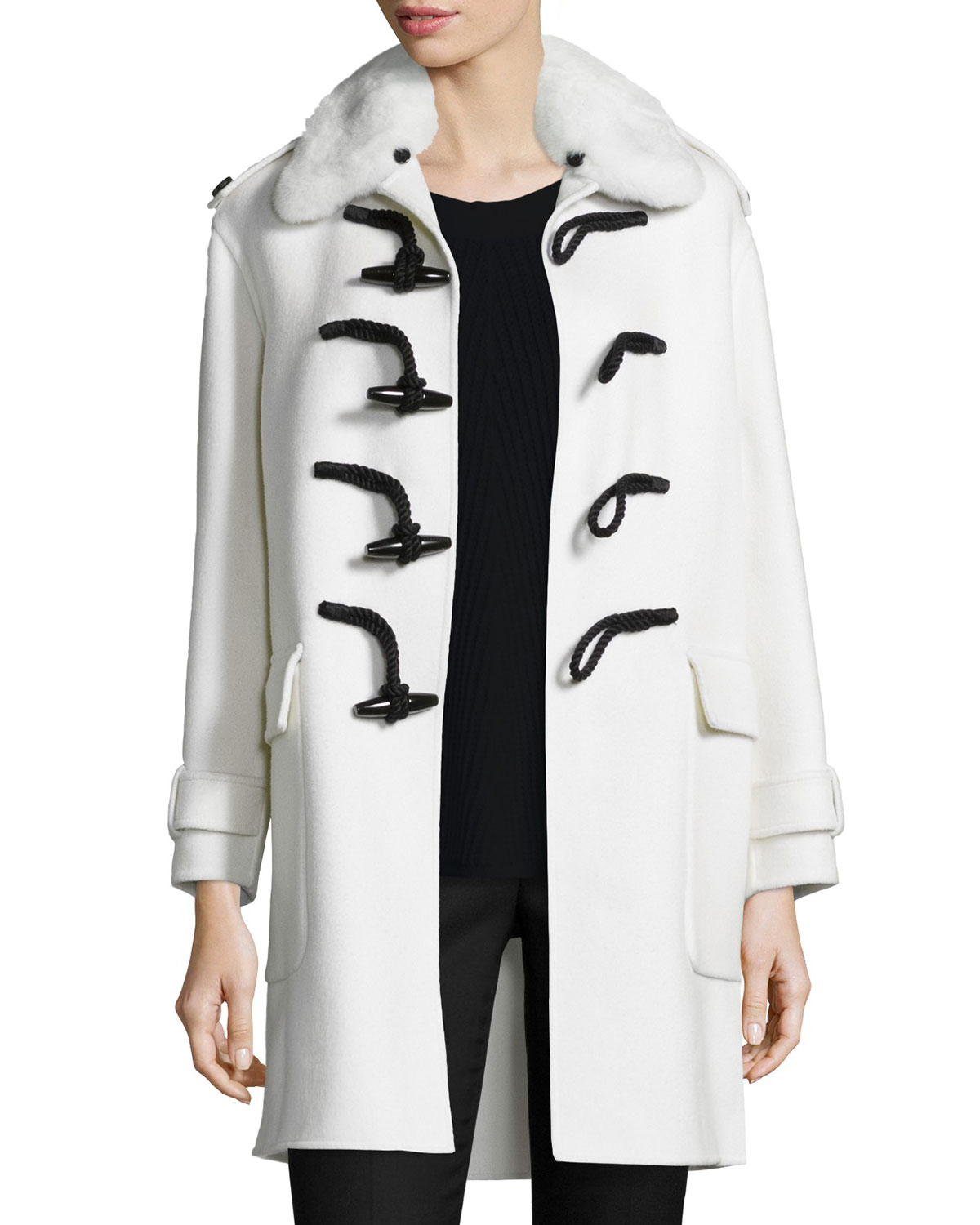 fur-collar cashmere duffle coat, white