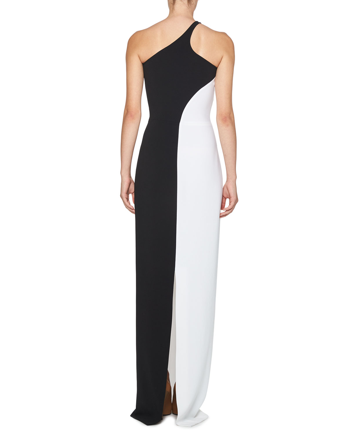 Colorblock One-Shoulder Gown, Black/White