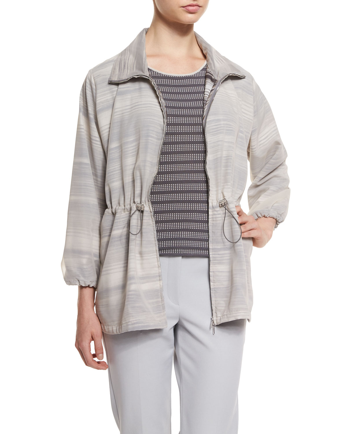 3/4-Sleeve Striped Coat, Seashell/Clay