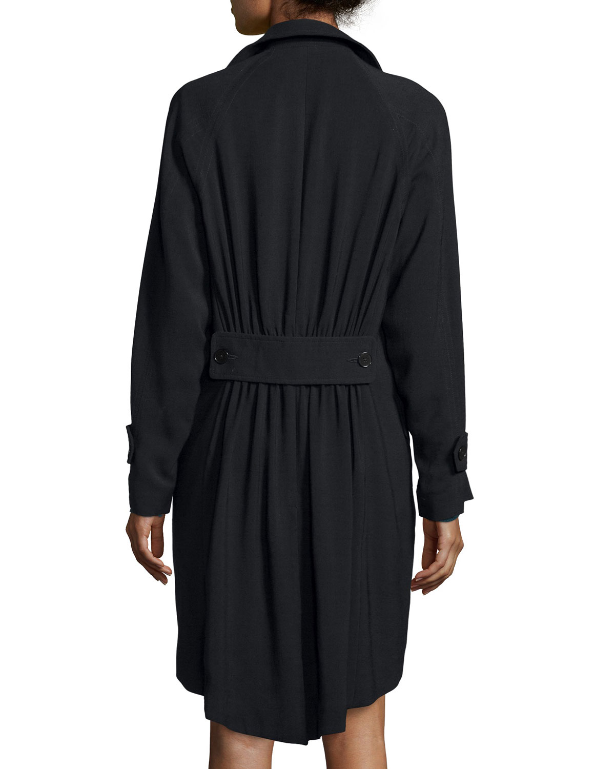 Double-Breasted Pleated-Back Trench Coat, Black