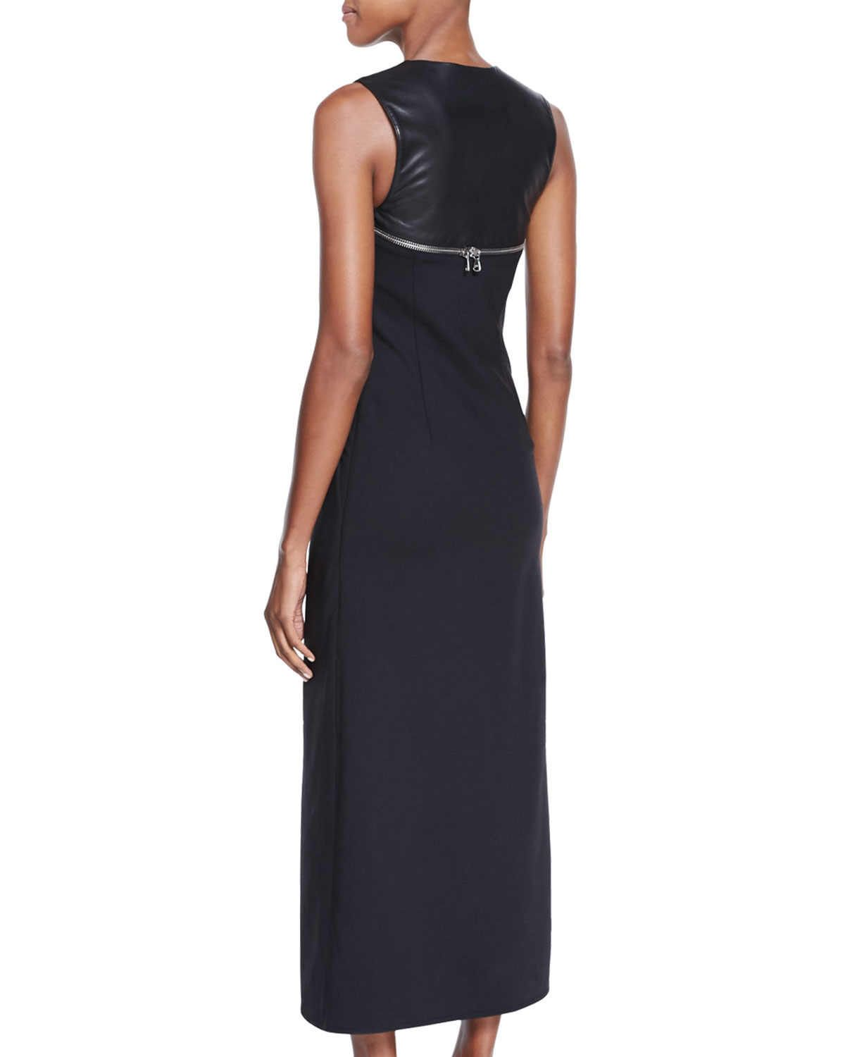 Leather-Trim Sleeveless Maxi Dress, Onyx